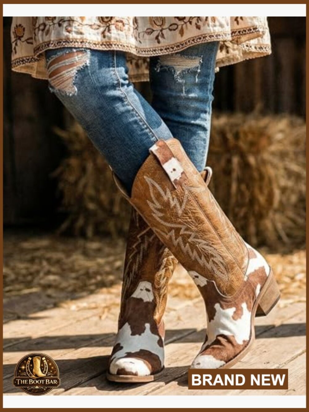 Knee-High Cow Print Western Cowgirl Boots with Pointed Toe - Picture 2 of 6